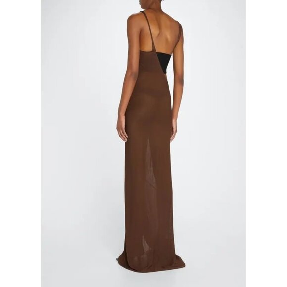AYA MUSE Birch Mesh Asymmteric Lace-Up Maxi Dress in Brown - Picture 3 of 5